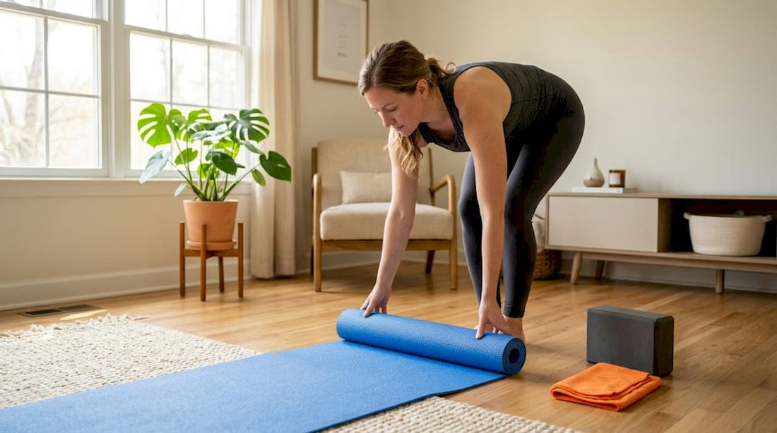 Ich breite meine Yogamatte im Wohnzimmer aus.