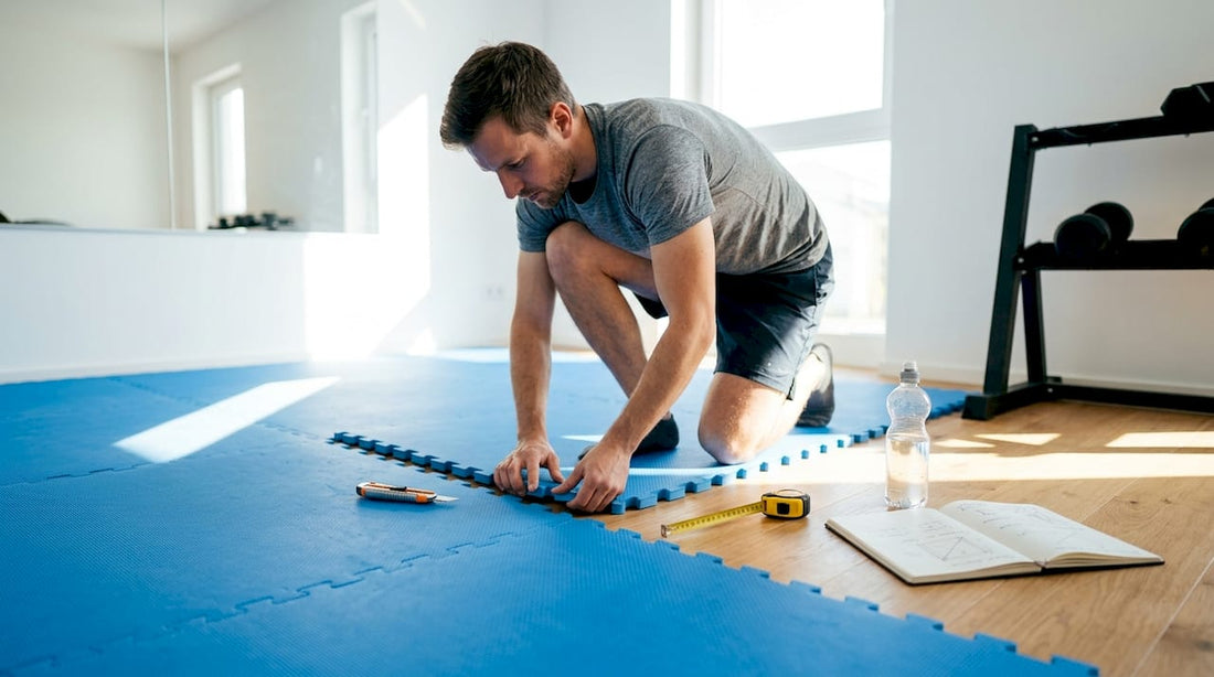 Im eigenen Fitnessraum sorgt ein Mann mit rutschfesten Matten für mehr Sicherheit.