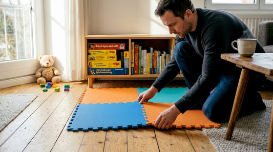 Der Papa breitet die Spielmatte im Wohnzimmer aus.