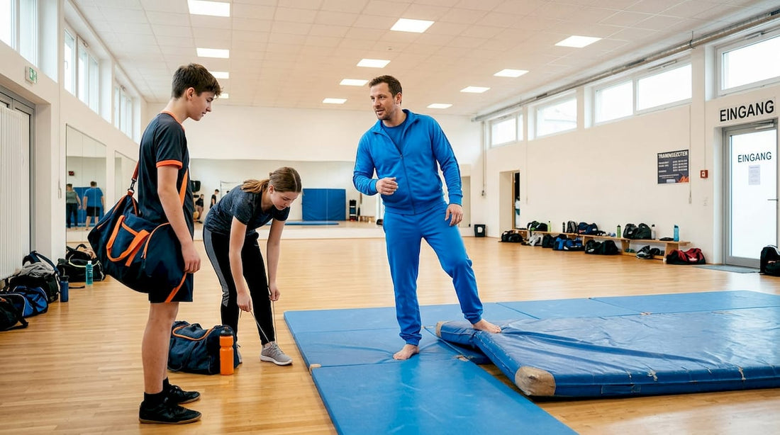 Bevor das Training beginnt, bringt der Kampfsporttrainer die Matte in die richtige Position.