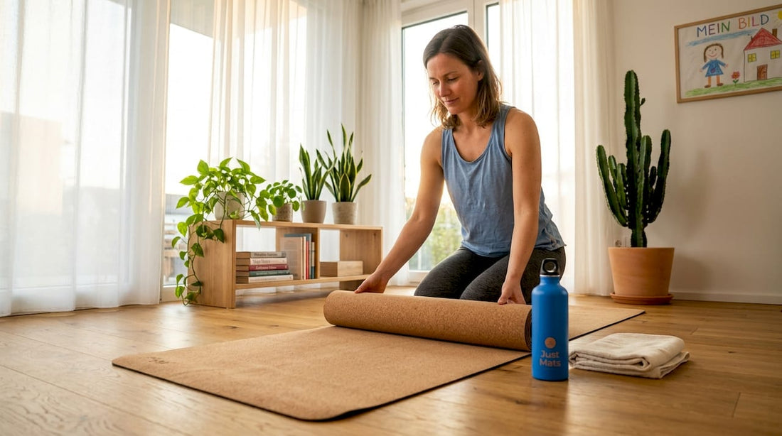 Eine Frau rollt ihre Yogamatte aus Kork aus und bereitet sich auf ihre Yoga-Session vor.