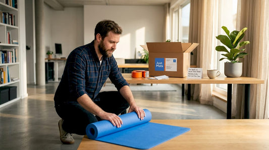 Die Fitnessmatte wird auf dem Küchentisch für den Versand verpackt.