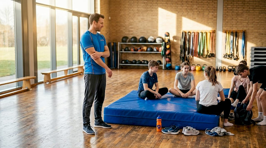 Ein Trainer achtet darauf, wie die Schülerinnen auf der Fallschutzmatte üben.