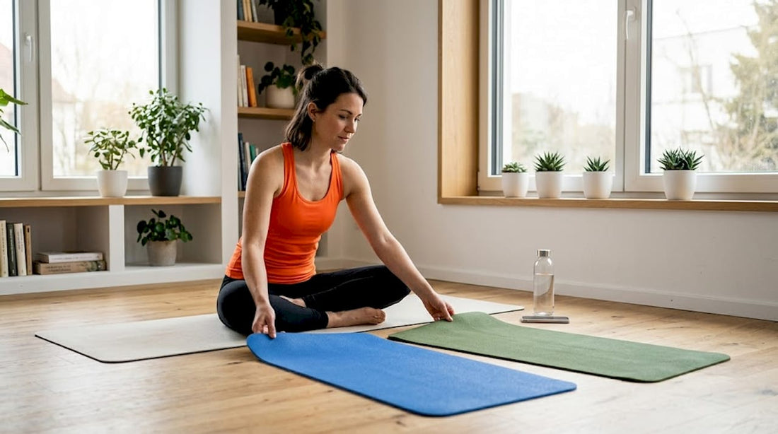 Eine Frau begutachtet und vergleicht verschiedene Yogamatten in ihrem Wohnzimmer.