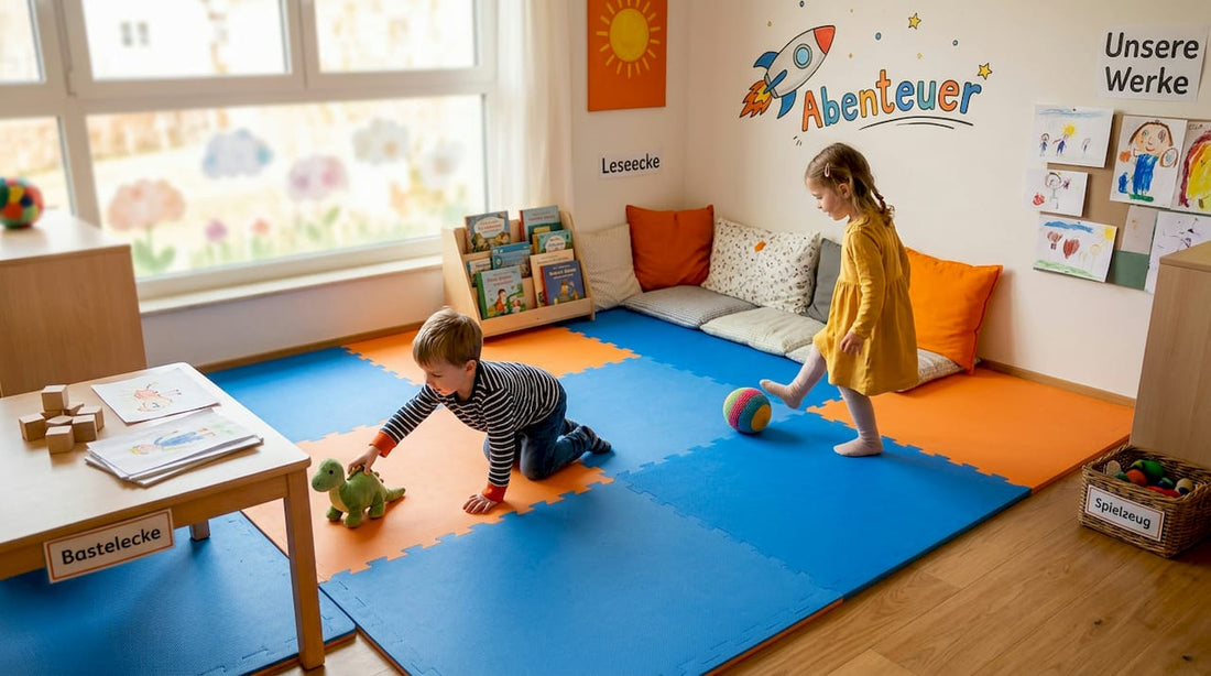 Im Wohnzimmer tollen die Kinder fröhlich auf bunten Spielmatten herum.