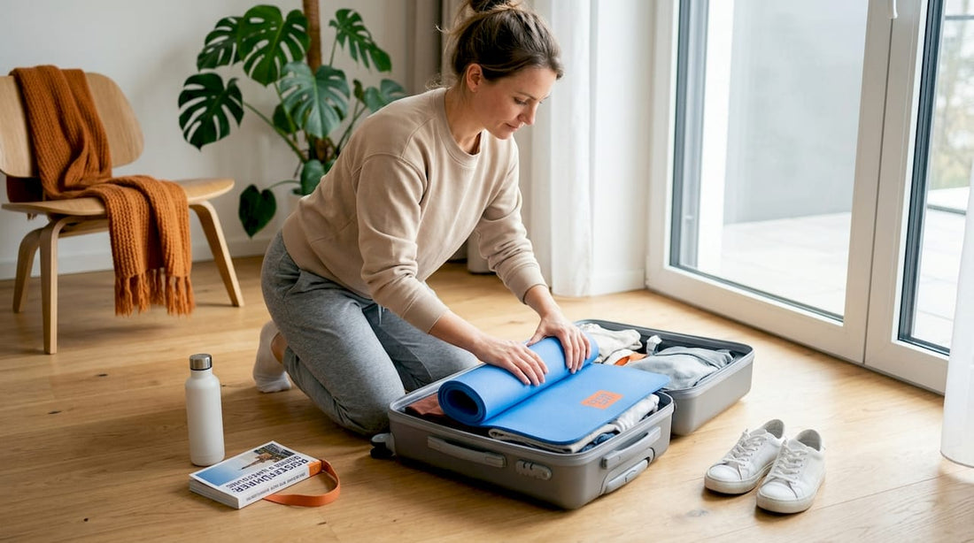 Eine Frau verstaut ihre dünne Yogamatte im Koffer, damit sie auch unterwegs nicht auf ihre Yoga-Routine verzichten muss.