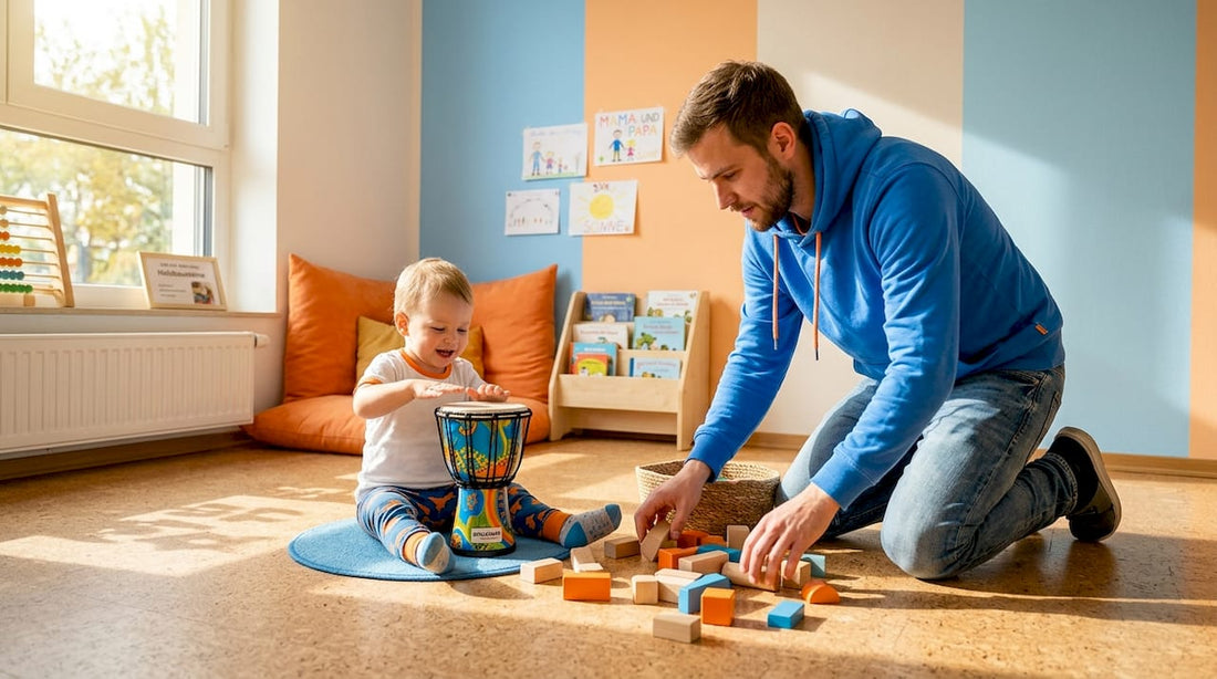 Elternteil spielt mit Kleinkind auf einem kinderfreundlichen Korkboden