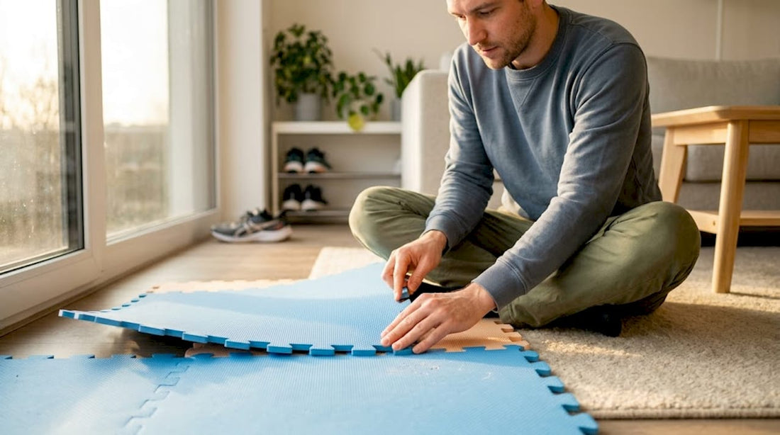 Eine erwachsene Hand setzt Puzzlematten auf dem Boden zusammen.