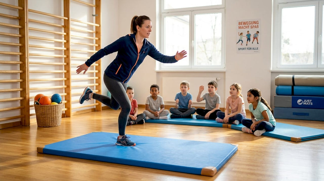 Eine Trainerin hält auf einer Matte im Sportraum das Gleichgewicht.