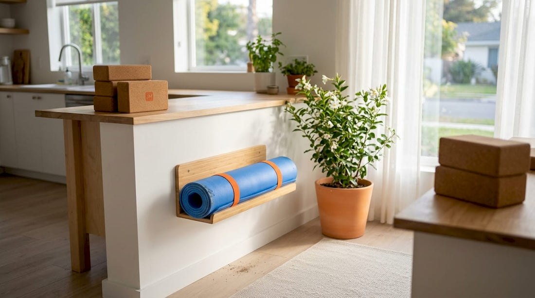 Eine Yogamatte hängt ordentlich auf einem Holzhalter an der Wand in einem hellen Raum.