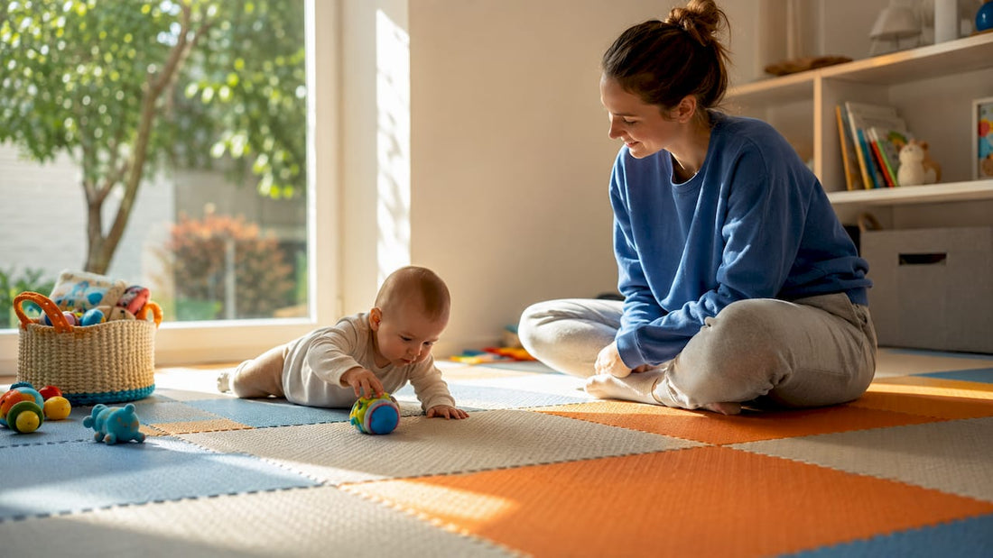 Ein Baby spielt sicher und unbeschwert auf einer Kindermatte, während die Mutter liebevoll dabei ist.