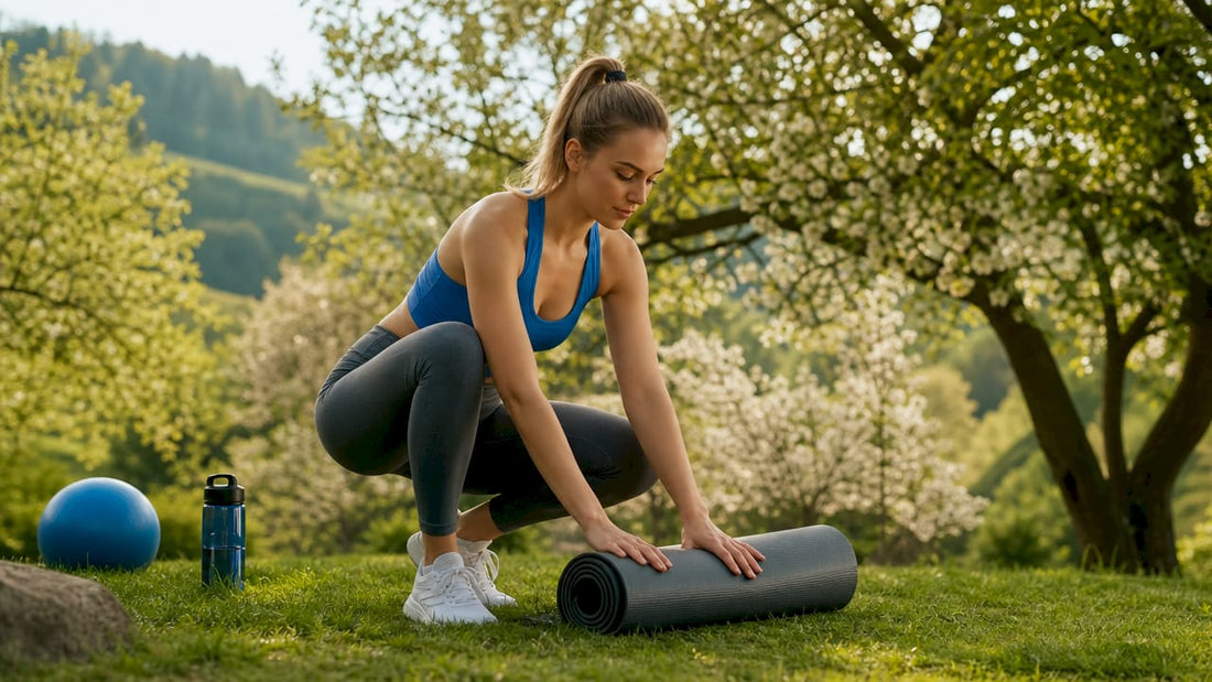 Eine Frau breitet ihre Fitnessmatte aus Naturkautschuk aus.