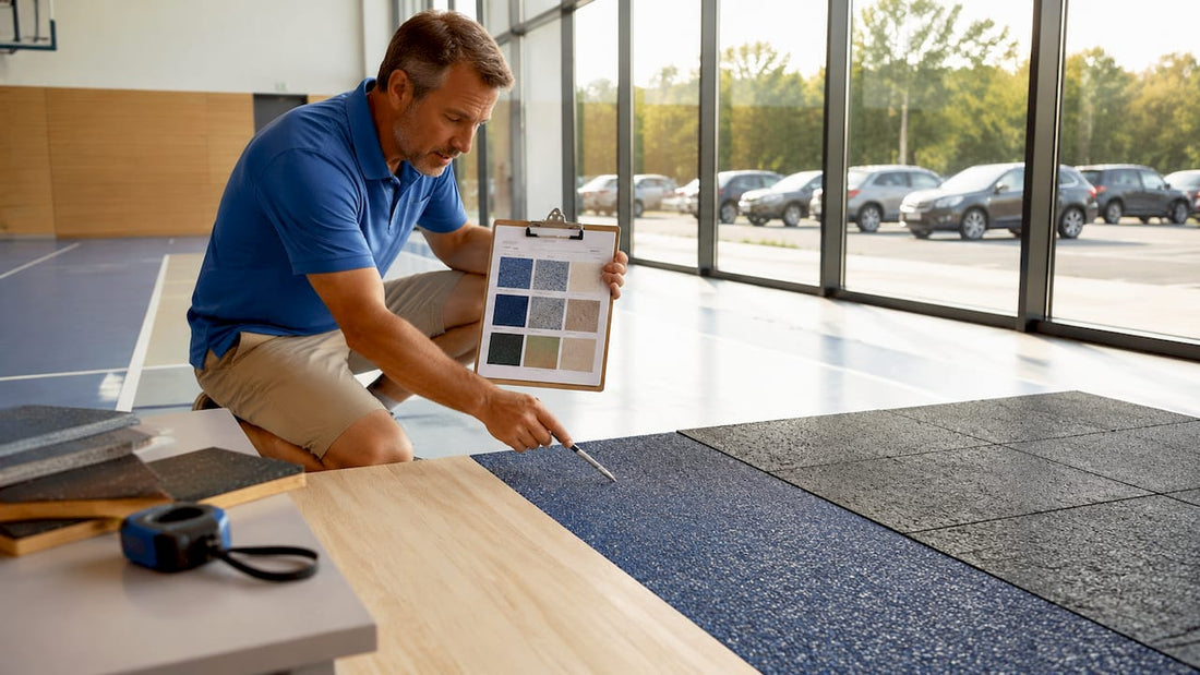 Ein Mann prüft verschiedene Bodenbeläge in einem Fitnessstudio und vergleicht deren Eigenschaften.
