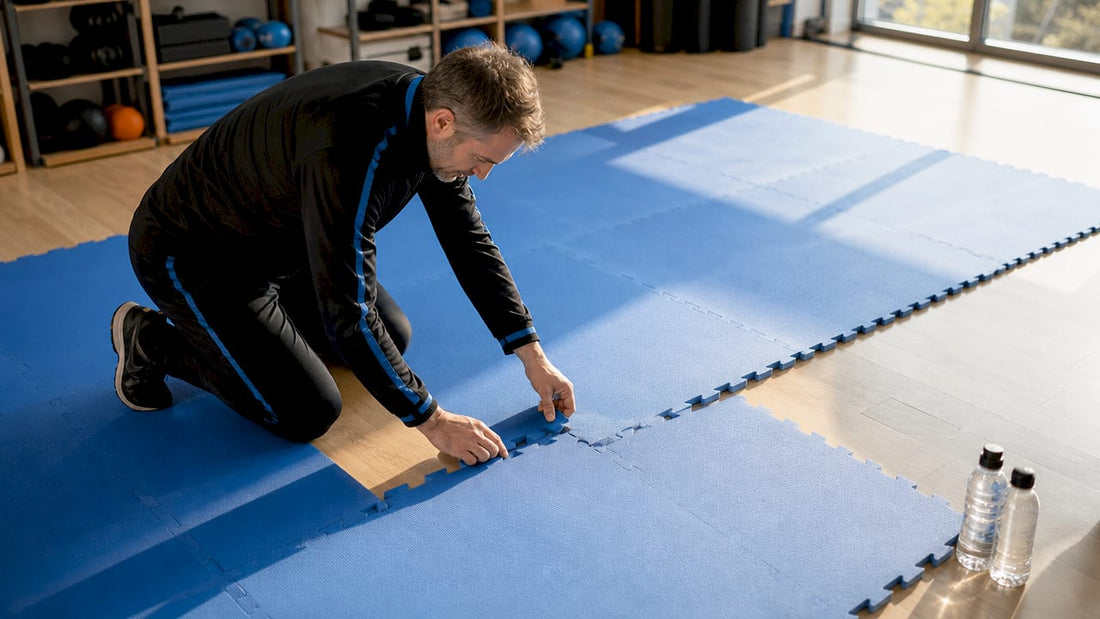 Ein Vereinsmitglied breitet Trainingsmatten im Übungsraum aus.