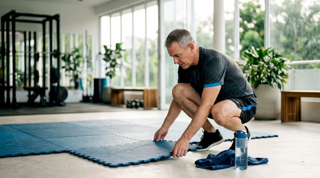 Ein Mann legt im eigenen Fitnessraum die Sportmatten passgenau zusammen.