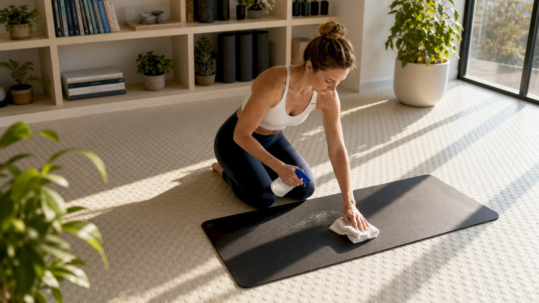 Zu Hause macht eine Frau ihre Yogamatte sauber.