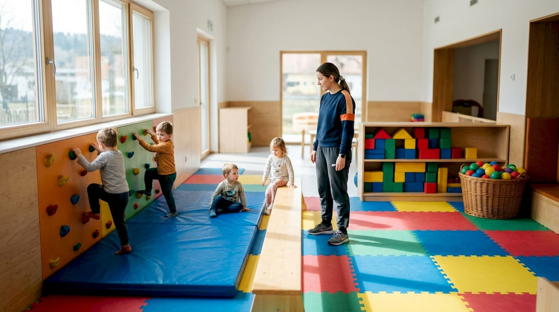Im Bewegungsraum der Kita toben und spielen die Kinder unter der Aufsicht ihrer Erzieherinnen und Erzieher ganz unbeschwert.