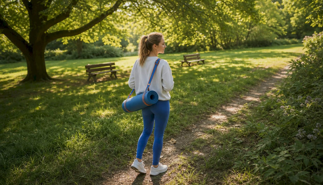 Eine Frau trägt ihre Yogamatte mit einem Tragegurt nach draußen.