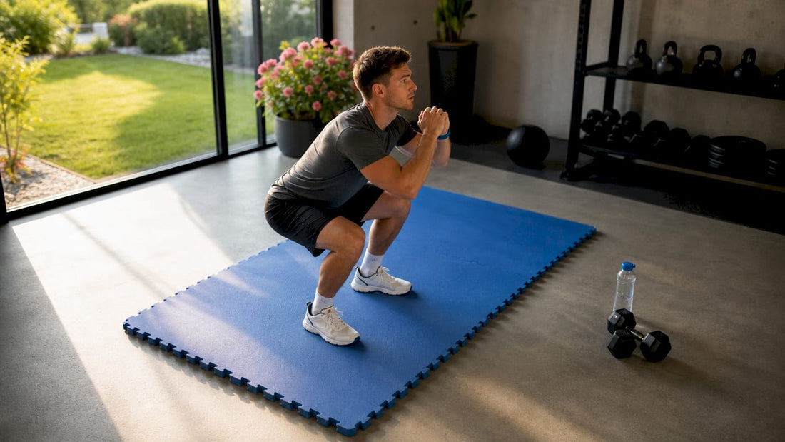 Ein Mann absolviert sein Training im Fitnessstudio auf einer Schwingbodenmatte.