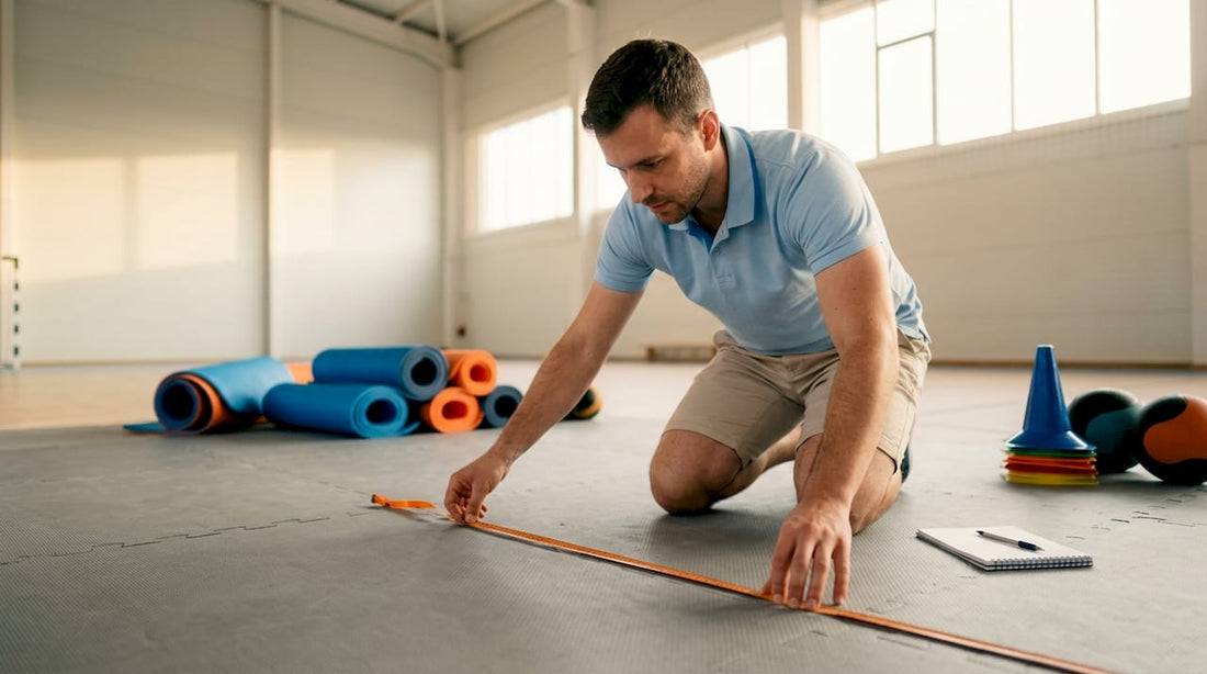 Eine Person nimmt Maß auf dem Trainingsboden im Fitnessstudio.