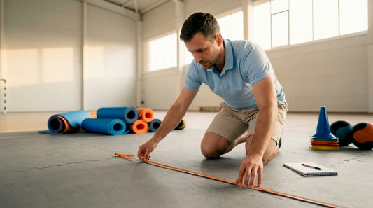 Eine Person nimmt Maß auf dem Trainingsboden im Fitnessstudio.