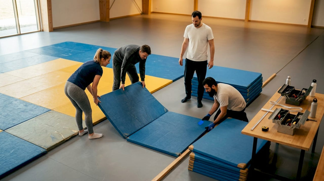 Trainer legen gemeinsam die Judomatten im Dojo aus und bereiten alles für das Training vor.