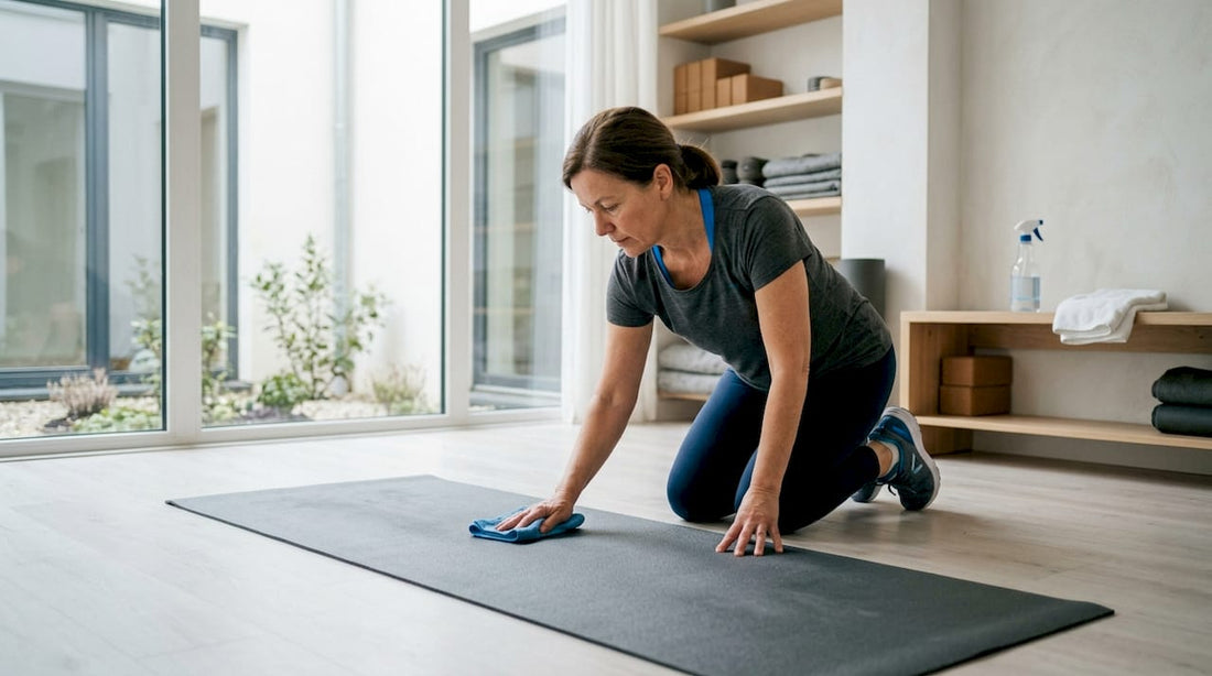 Eine Frau reinigt nach dem Training ihre Sportmatte im Fitnessstudio.