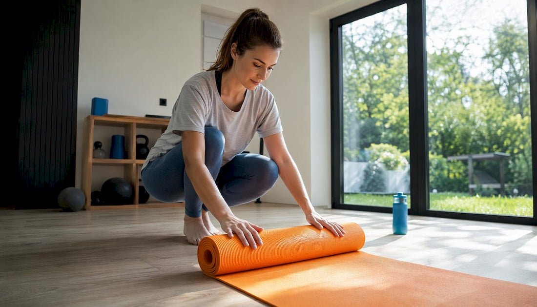 Eine junge Frau bereitet sich im Wohnzimmer auf ihre Yoga-Session vor und rollt dafür ihre Matte aus.