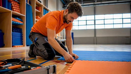 Ein Hallenleiter bringt neue Schnellwechselmatten in der Sporthalle an, um die Fläche flexibel und sicher nutzbar zu machen.