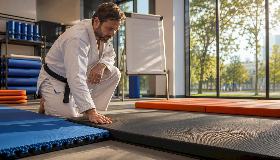 Ein Kampfsporttrainer überprüft die Trainingsmatten auf ihre Sicherheit und Sauberkeit.