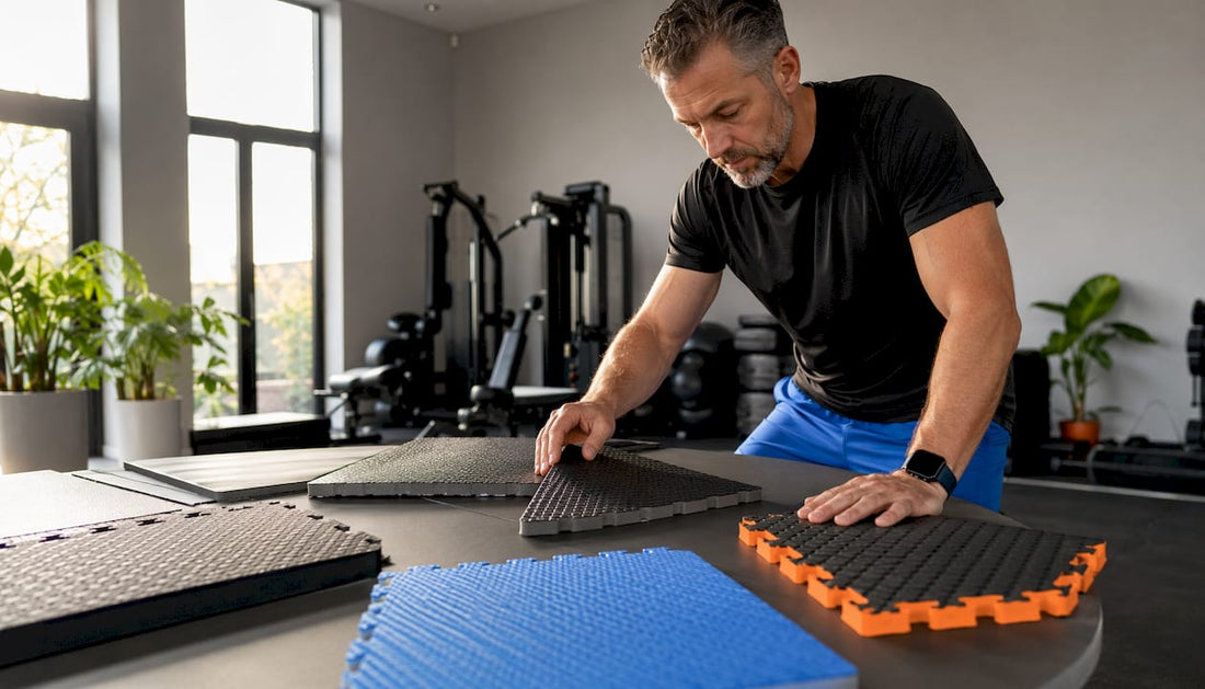 Ein Trainer begutachtet die Matten im Fitnessstudio, um sicherzustellen, dass sie für das Kampfsporttraining geeignet und in einwandfreiem Zustand sind.