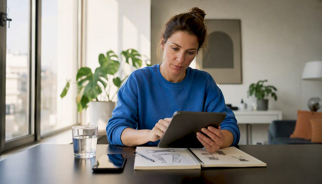 Eine Frau stöbert auf ihrem Tablet durch verschiedene alternative Online-Shops.