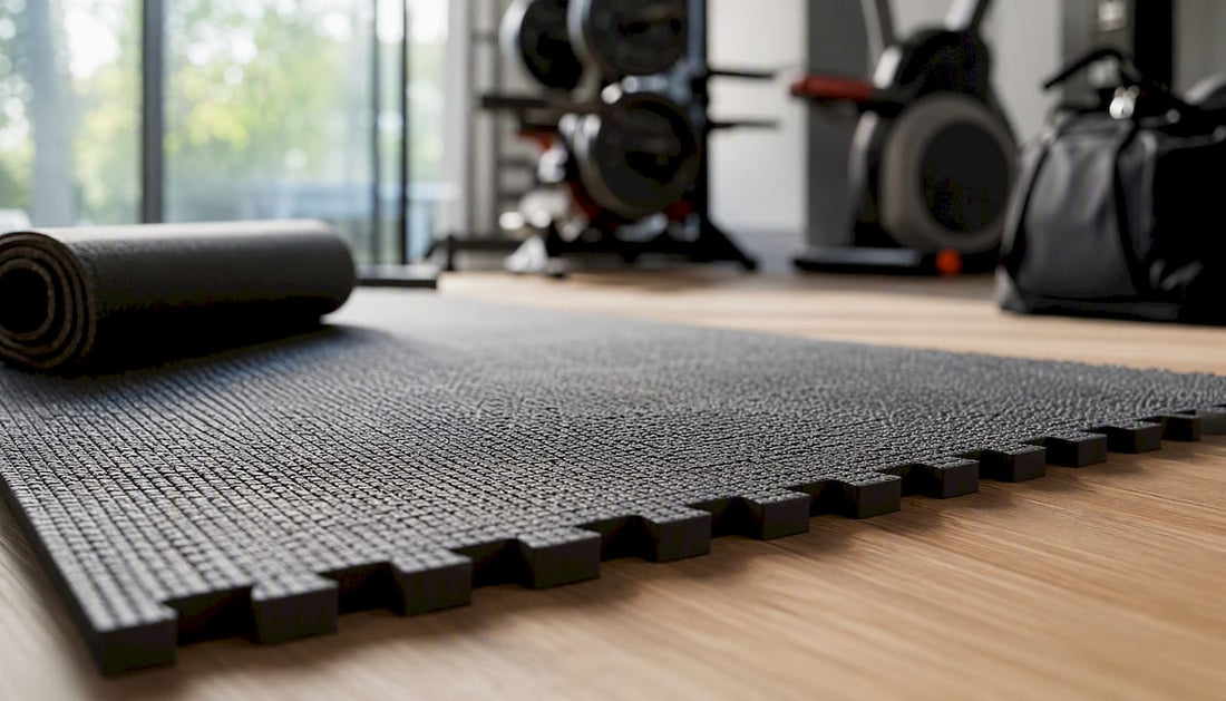 Detailaufnahme von robusten Sportmatten in einer Fitnessstudio-Umgebung