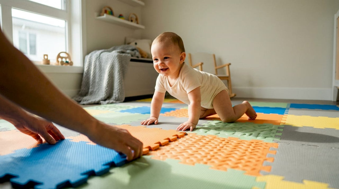Ein Baby krabbelt neugierig auf bunten Schaumstoff-Spielmatten und entdeckt seine Umgebung.