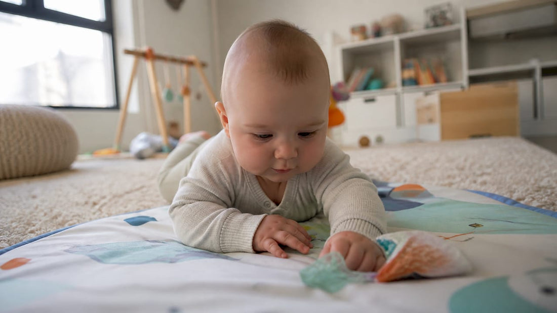 Ein Baby liegt fröhlich auf einer bunten Krabbeldecke und entdeckt neugierig die verschiedenen Farben und Muster.