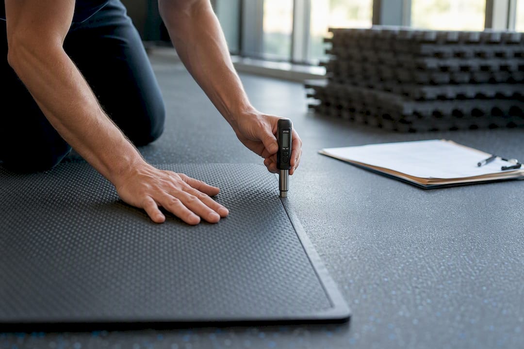 Hände messen die Feuchtigkeit auf Gymnastikmatten