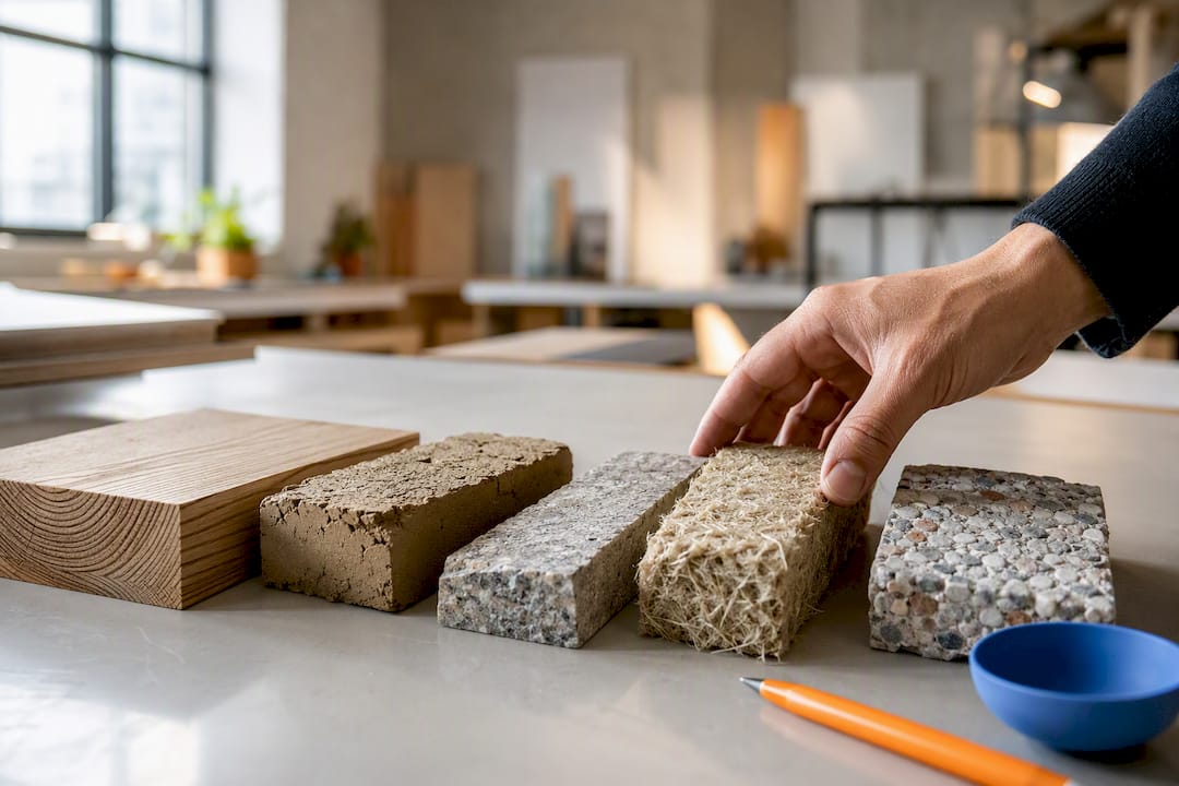Fünf nachhaltige Materialmuster auf dem Arbeitstisch