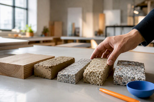 Fünf nachhaltige Materialmuster auf dem Arbeitstisch