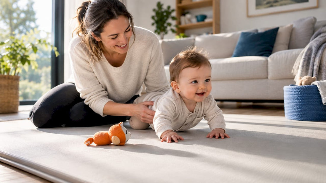Baby spielt auf einer sicheren Krabbelmatte
