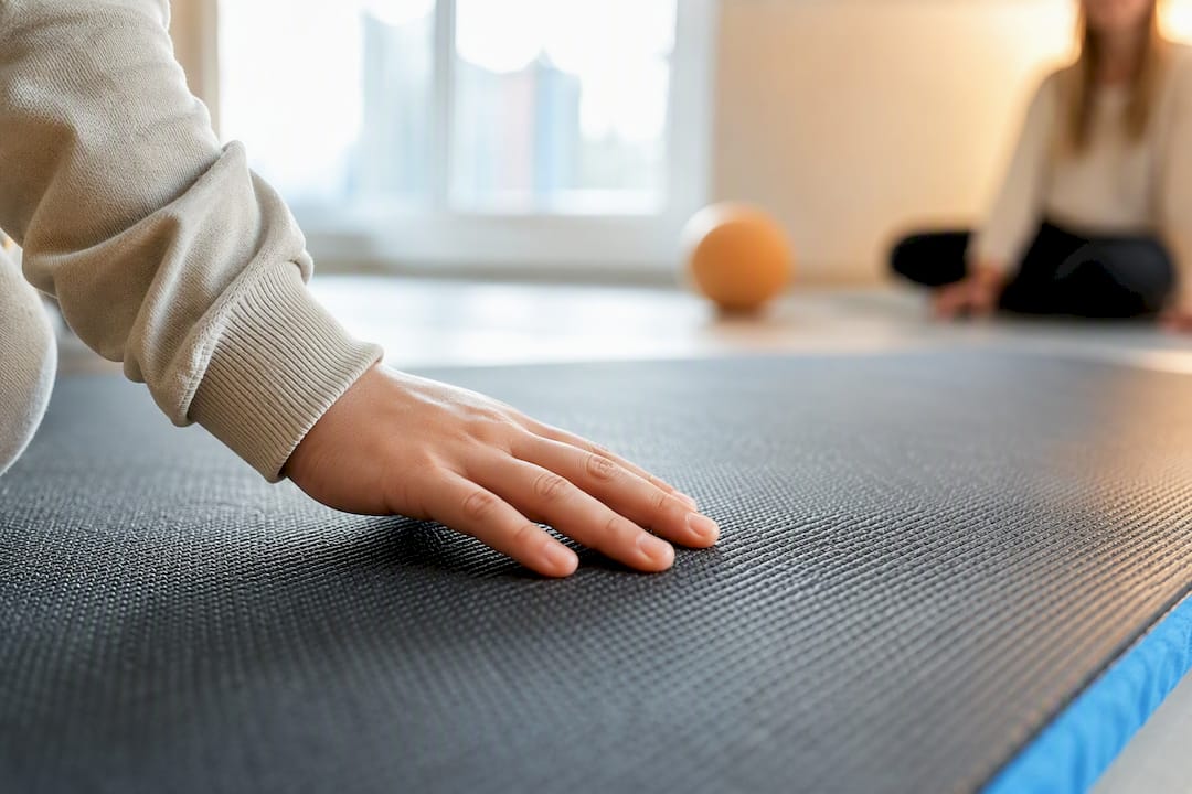 Kinderhand berührt die Oberfläche der Matte in der Kita