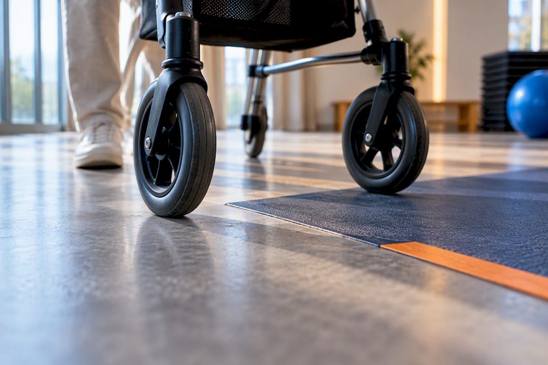 Rollator überquert nahtlosen Mattenübergang