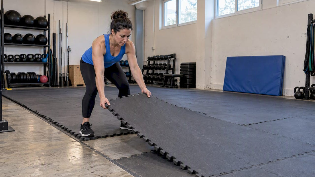 Trainer verschiebt ein modulares Mattelement