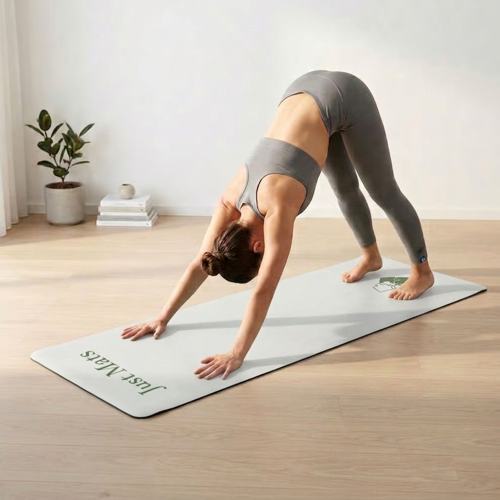 Minimalistische Yogamatte PUREFLOW PRO aus Naturkautschuk und PU-Leder in Hellgrau, ideal für Yoga und Haustierbesitzer.