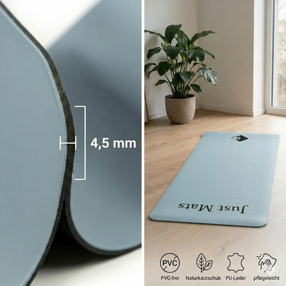 Yogamatte PUREFLOW PRO aus Naturkautschuk und PU-Leder in Grau, 4,5 mm, mit kratzfester Oberfläche und optimalem Grip.
