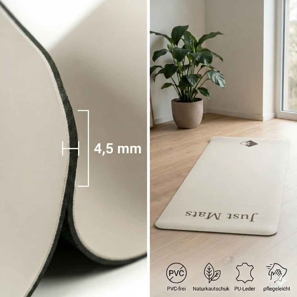 Minimalistische Yogamatte PUREFLOW PRO aus Naturkautschuk und PU-Leder in Beige, 4,5 mm, mit rutschfester Struktur.