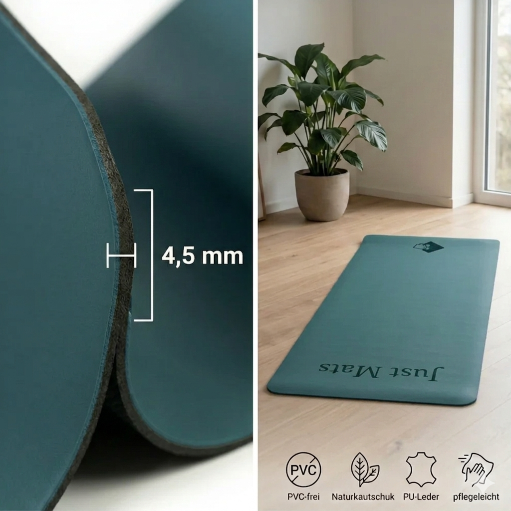 Yogamatte PUREFLOW PRO aus Naturkautschuk und PU-Leder in Dunkelgrün mit rutschfester Struktur und 4,5 mm Dicke.
