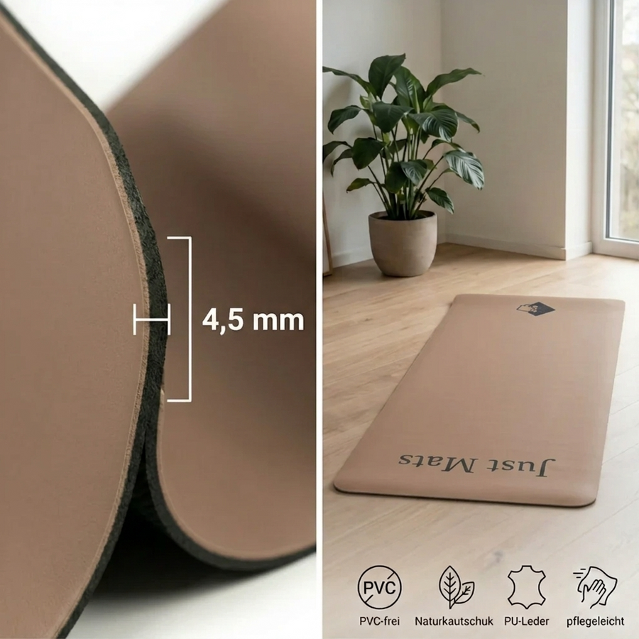 Kratzfeste Yogamatte PUREFLOW PRO aus Naturkautschuk und PU-Leder in Beige, ideal für Haustierbesitzer.