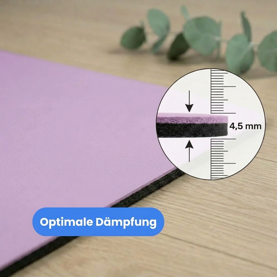 Yogamatte PUREFLOW PRO in Lila mit 4,5 mm Dämpfung und kratzfester PU-Leder-Oberfläche, ideal für Tierbesitzer.
