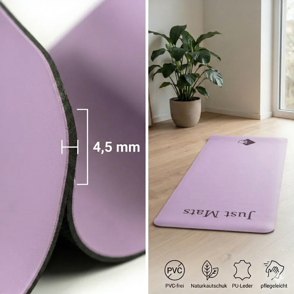 Minimalistische Yogamatte PUREFLOW PRO in Lila aus Naturkautschuk und PU-Leder mit rutschfester Struktur.