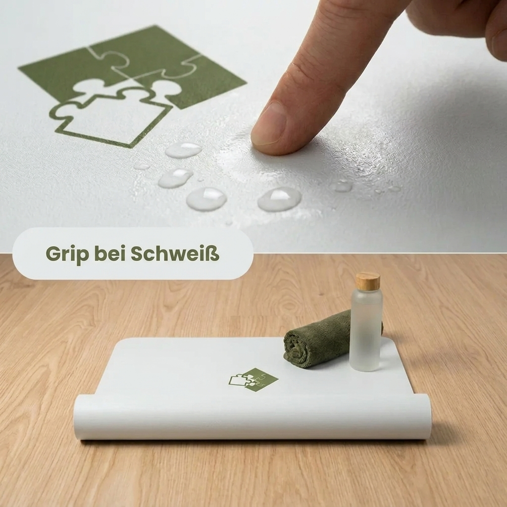 Nahaufnahme der rutschfesten PU-Leder-Oberfläche der PUREFLOW PRO Yogamatte mit Wasserperlen, ideal für schweißtreibende